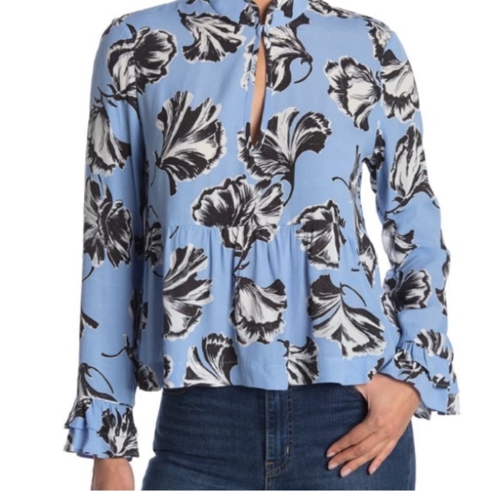 Ganni Mandarin Collar  Keyhole Printed Blouse